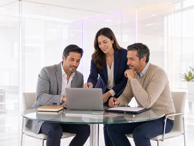 Consultoría y servicios profesionales. Convierte lo que sabes en autoridad y oportunidades. Consultores y asesores colaborando en una mesa de trabajo