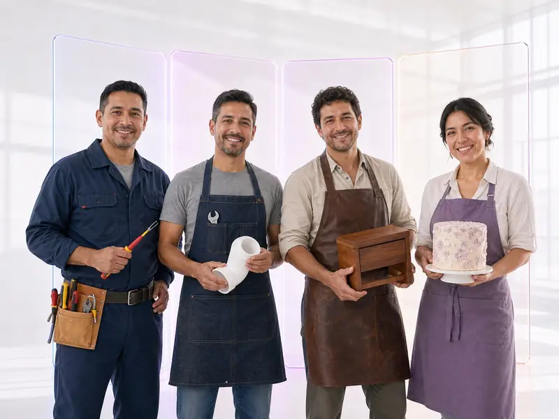 Oficios, arte y producción artesanal. Cuando tú haces el trabajo, tu calidad y tu historia son la marca. Electricista, fontanero, carpintero artesano y panadera mostrando su trabajo