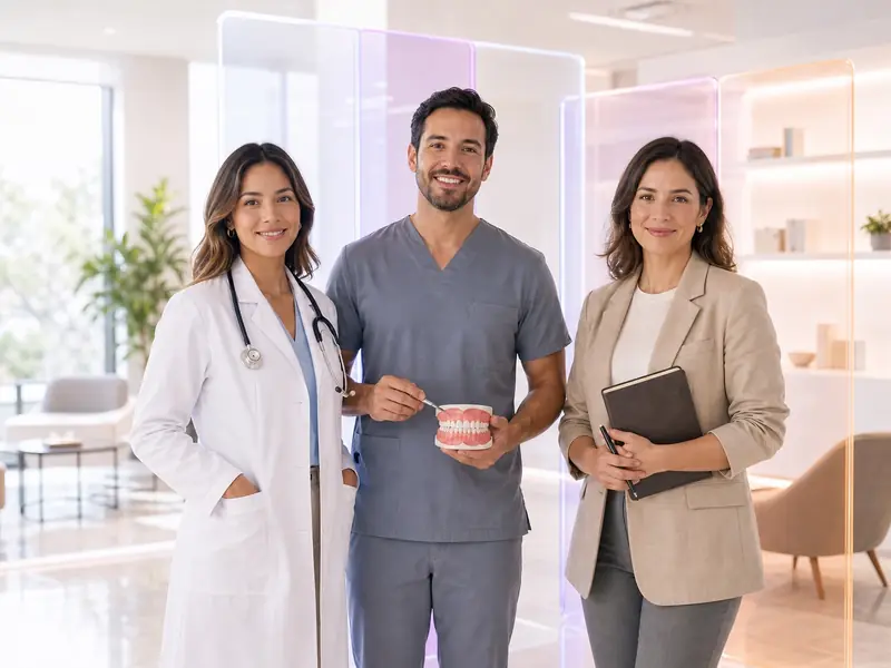Salud y atención profesional. Tu experiencia debe sentirse antes de la primera consulta. Profesionales de medicina, odontología y psicología en un espacio clínico luminoso