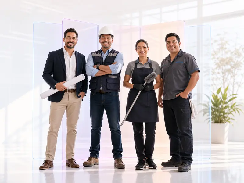 Servicios locales con equipo. Demuestra que puedes responder por trabajos completos, zonas y equipos. Equipo de arquitectura, construcción, limpieza y mecánica automotriz